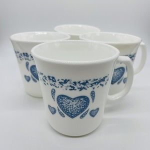 Vtg Set of 4 Corelle Corning Ware Sponge Blue Heart Coffee Mugs Tea Cups Mint